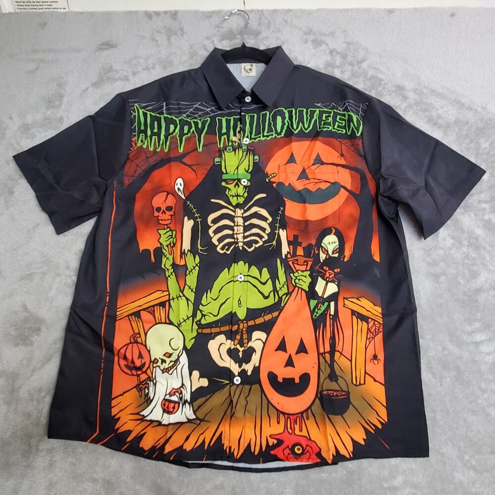 Halloween Mens Hawaiian Shirt L Black Orange Ghoul Skeleton Bowling Button New